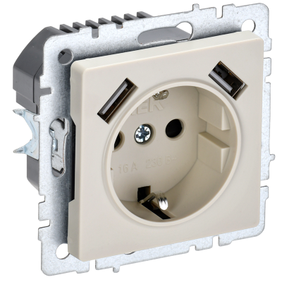 BRITE Роз. с з/к/ш 16А с USB A+A 2,1А РЮш10-1-БрКр беж. IEK BR-R14-16-U21-D21-K10 фото 1