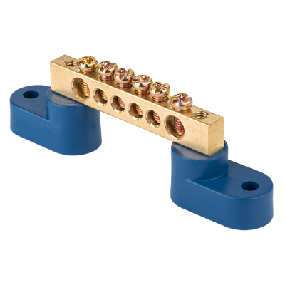 Шина "0" N (8х12мм) 6 отверстий латунь 2 синих угловых изолятора PROxima EKF sn0-125-06-2 фото 1