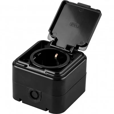 Розетка 1-местная с заземляющим контактом, с крышкой, 250В, 16А, IP44, PST16-21-44 (RA 16-211-Ч), че фото 1