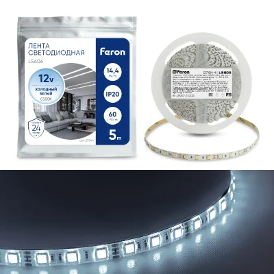 Лента светодиодная, 60SMD(5050)/m 14.4W/m 12V 5m 6500К, LS606 FERON Feron 27644 фото 1