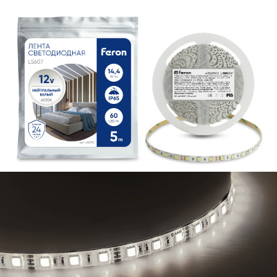 Лента светодиодная, 60SMD(5050)/m 14.4W/m 12V 5m 4000К, IP65 LS607 FERON Feron 48290 фото 1