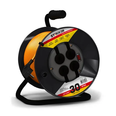 Удлинитель на пластиковой катушке с/з, ПВС, 3х1, 10A, 30м, IP44, STD02-41-30 (UG), оранжевый STEKKER фото 1