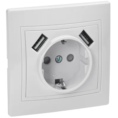 KVARTA Роз. с з/к/ш 16А USBх2 2,1А РЮш10-1-КБ бел. IEK KV-R14-16-U2-K01 фото 1