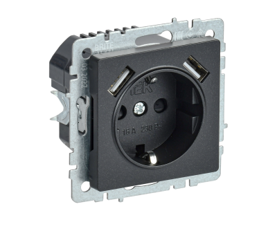 BRITE Роз. с з/к/ш 16А с USB A+A 2,1А РЮш10-1-БрЧ черн. IEK BR-R14-16-U21-D21-K02 фото 1
