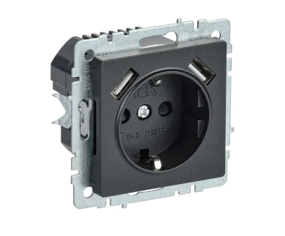 BRITE Роз. с з/к/ш 16А с USB A+A 2,1А РЮш10-1-БрЧ черн. IEK BR-R14-16-U21-D21-K02 фото 1