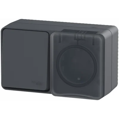 AtlasDesign PROFI IP54 О/У БЛОК: РОЗ. з/к со шт. 16А, ВЫКЛ.1-клав.10А, АНТРАЦИТ ATN Systeme Electric фото 1