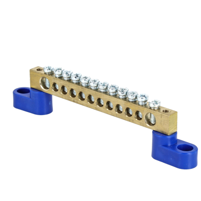 Шина "0" N (8х12мм) 12 отверстий латунь 2 синих угловых изолятора PROxima EKF sn0-125-12-2 фото 1