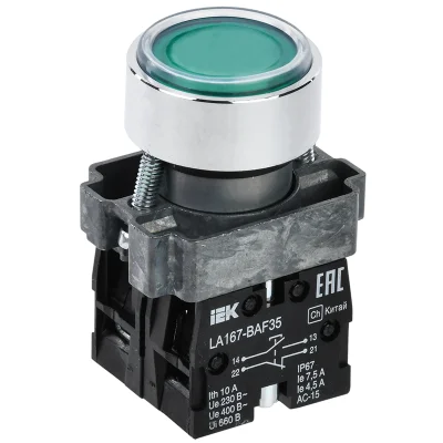 Кнопка LA167-BAF35 d=22мм 1з+1р зеленая IEK BBT20-BAF35-3-22-67-K06 фото 1