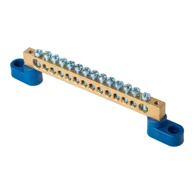 Шина "0" N (8х12мм) 14 отверстий латунь 2 синих угловых изолятора PROxima EKF sn0-125-14-2 фото 1