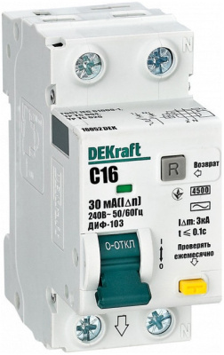 АВДТ 1Р+N 16А 30мА тип AC х-ка C ДИФ-103 4.5кА нов. DEKraft 16052DEK фото 1