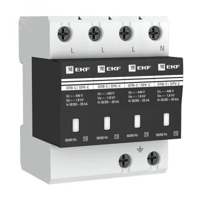 Ограничитель импульсных напряжений ОПВ-C/4P In 20кА 440В с сигн. EKF opv-c4 фото 1