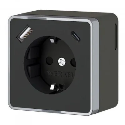 Розетка с заземлением, шторками и USB тип A+C Gallant (чёрный хром) W5071735 Werkel a057702 фото 1