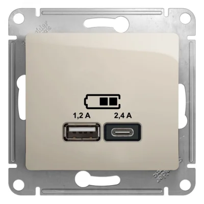 GLOSSA USB РОЗЕТКА A+С, 5В/2,4А, 2х5В/1,2 А, механизм, МОЛОЧНЫЙ Systeme Electric GSL000939 фото 1