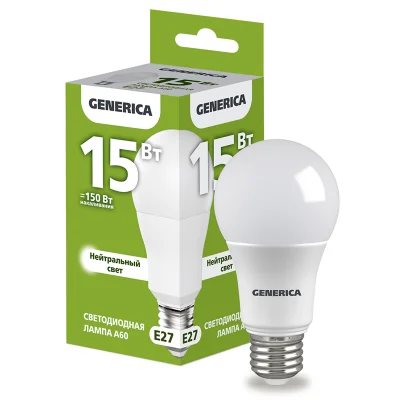 Лампа LED A60 груша 15Вт 230В 4000К E27 GENERICA LL-A60-15-230-40-E27-G фото 1