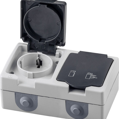 Розетка 2-местная с крышкой с/з, 250В, 16А, серия Велена, PST16-12-54, серый/графит STEKKER 32754 фото 1