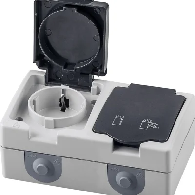 Розетка 2-местная с крышкой с/з, 250В, 16А, серия Велена, PST16-12-54, серый/графит STEKKER 32754 фото 1