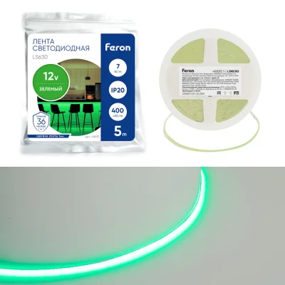 Светодиодная COB лента LS630, 400SMD(2110)/ 7Вт/м 12V 5000*3*1.8мм зеленый, IP20 Артикул Feron 48951 фото 1