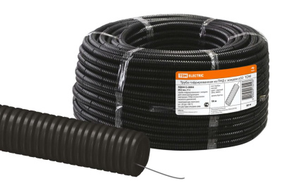Труба гофрированная ПНД безгалогенная (HF) d 32 с зондом (50 м) легкая 350H черная TDM TDM Electric  фото 1