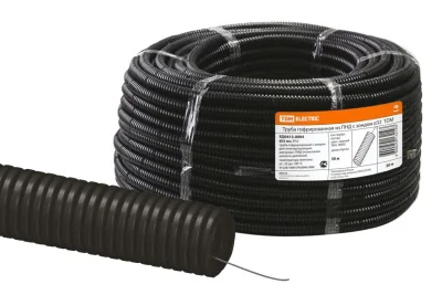 Труба гофрированная ПНД безгалогенная (HF) d 32 с зондом (50 м) легкая 350H черная TDM TDM Electric  фото 1