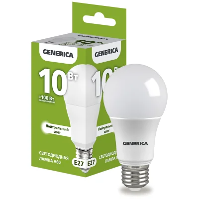 Лампа LED A60 груша 10Вт 230В 4000К E27 GENERICA LL-A60-10-230-40-E27-G фото 1