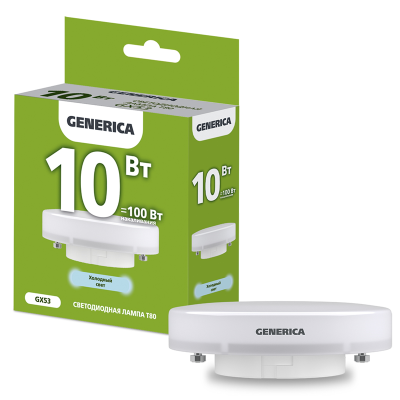 Лампа LED T80 таблетка 10Вт 230В 6500К GX53 GENERICA LL-T80-10-230-65-GX53-G фото 1