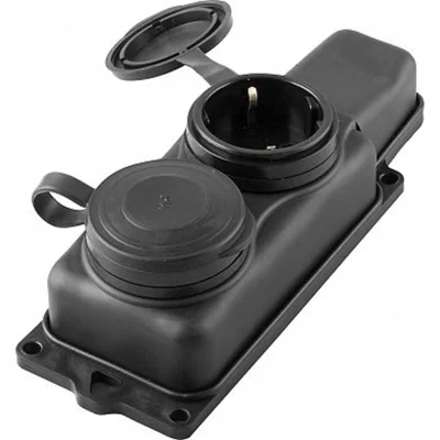 Розетка переносная 2-местная c/з, каучук, серия Одри, RST16-22-44 (РП 16-232), черный STEKKER 32738 фото 1