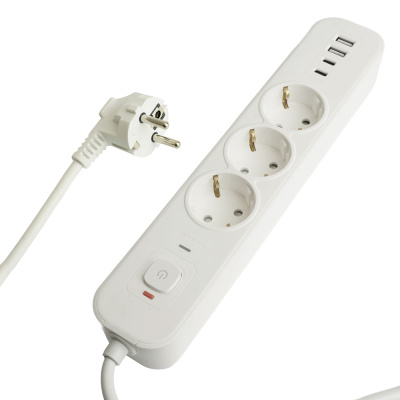 Сетевой фильтр 3-местный с/з 3x1мм2, 3 м, 250В, 16А, 2 USB-A+2 Type-C 3, серия Nova, белый 5 STEKKER фото 1