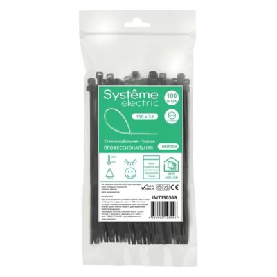 Стяжка кабельная нейлоновая 150х3.6 Чёрная (100шт) в пакете с замком ЗИП-ЛОК IMT150 Systeme Electric фото 1