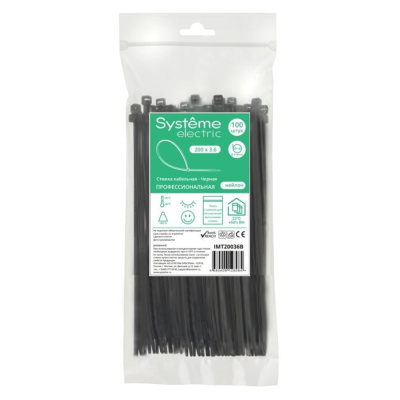 Стяжка кабельная нейлоновая 200х3.6 Чёрная (100шт) в пакете с замком ЗИП-ЛОК IMT200 Systeme Electric фото 1