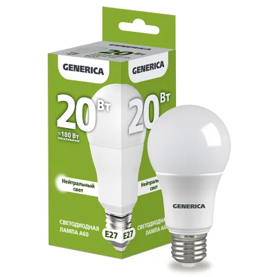 Лампа LED A60 груша 20Вт 230В 4000К E27 GENERICA LL-A60-20-230-40-E27-G фото 1
