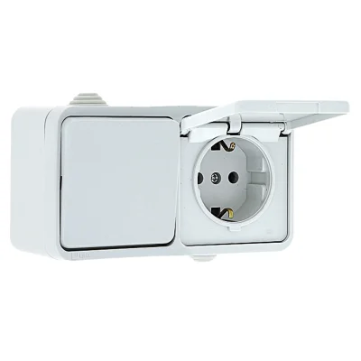 Блок розетка-выключатель 1-кл. 16А с/з с крышкой IP44 белая Прага PROxima EKF EKRV16-050-10-440 фото 1