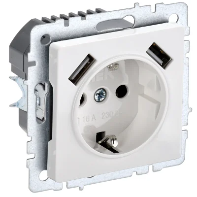 BRITE Роз. с з/к/ш 16А с USB A+A 2,1А РЮш10-1-БрБ бел. IEK BR-R14-16-U21-D21-K01 фото 1