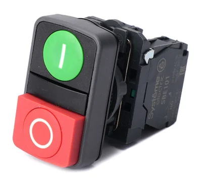 Кнопка двойн SB5 в сборе модуль 22мм зел "I"+красн выступ "O" пластик 1НО+1НЗ SB5AL Systeme Electric фото 1