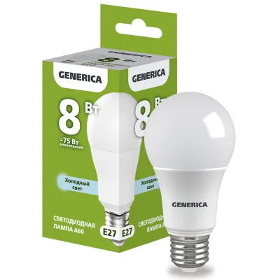 Лампа LED A60 груша 8Вт 230В 6500К E27 GENERICA LL-A60-08-230-65-E27-G фото 1