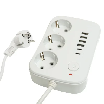 Удлинитель 3-местный c/з 3x1 мм2, 1,8 м, 250В, 10А, 4USB+2Type-C 2,4А, серия Home plus, белый STEKKE фото 1