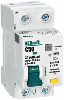 (АВДТ) 1Р+N 50А 30мА тип AC х-ка C ДИФ-103 4.5кА DEKraft 16057DEK фото 1