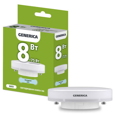 Лампа LED T80 таблетка 8Вт 230В 6500К GX53 GENERICA LL-T80-08-230-65-GX53-G фото 1
